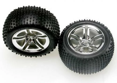 Traxxas Alias Tires Twin-Spoke Chrome Wheels Foam Inserts (assembled And Glued) (nitro Rear) (2)