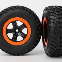 Traxxas Tires Wheels Assembled Glued (S1 Compound) (SCT Black Orange Beadlock Wheels Dual Profile (2.2 Outer 3.0 Inner) SCT Off-road Racing Tires Foam Inserts) (2) (4WD F/r 2WD Rear) (TSM Rated)