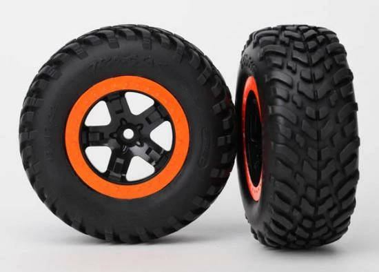 Traxxas Tire Wheel Assy Glued (SCT Black Orange Beadlock Wheels SCT Off-road Racing Tires Foam Inserts) (2) (2WD Front)