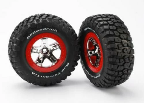 Traxxas Tires Wheels Assembled Glued (SCT Chrome Red Beadlock Style Wheels BFGoodrich Mud-Terrain T/A KM2 Tires Foam Inserts) (2) (2WD Front)