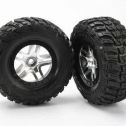 Traxxas Tires Wheels Assembled Glued (SCT Split-Spoke Satin Chrome Black Beadlock Style Wheels Kumho Tires Foam Inserts) (2) (2WD Front)