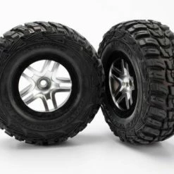 Traxxas Tires Wheels Assembled Glued (S1 Ultra-soft Off-road Racing Compound) (SCT Split-Spoke Satin Chrome Black Beadlock Style Wheels Kumho Tires Foam Inserts) (2) (2WD Front)
