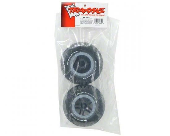 Traxxas Tires Wheels Assembled Glued (SCT Split-Spoke Black Satin Chrome Beadlock Wheels BFGoodrich Mud-Terrain T/A KM2 Tire Foam Inserts) (2) (4WD F/r 2WD Rear) - Image 2