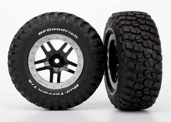 Traxxas Tires Wheels Assembled Glued (SCT Split-Spoke Black Satin Chrome Beadlock Wheels BFGoodrich Mud-Terrain T/A KM2 Tire Foam Inserts) (2) (4WD F/r 2WD Rear)
