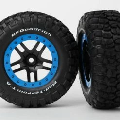 Traxxas Tire Wheel Assy Glued (SCT Split-Spoke Black Blue Beadlock Wheels BFGoodrich Mud-Terrain T/A KM2 Tire Inserts) (2) (4WD F/r 2WD Rear)