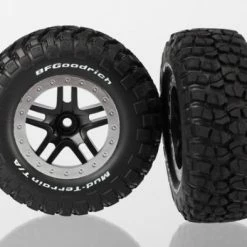 Traxxas Tires Wheels Assembled Glued (SCT Split-Spoke Black Satin Chrome Beadlock Wheels BFGoodrich Mud-Terrain T/A KM2 Tires Foam Inserts) (2) (2WD Front)