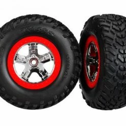 Traxxas Tires Wheels Assembled Glued (S1 Compound) (SCT Chrome Wheels Red Beadlock Style Dual Profile (2.2 Outer 3.0 Inner) SCT Off-road Racing Tires Foam Inserts) (2) (4WD F/r 2WD Rear) (TSM Rated)