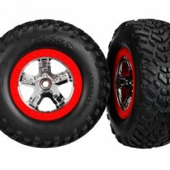 Traxxas Tires Wheels Assembled Glued (SCT Chrome Wheels Red Beadlock Style Dual Profile (2.2 Outer 3.0 Inner) SCT Off-road Racing Tires Foam Inserts) (2) (4WD F/r 2WD Rear) (TSM Rated)