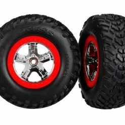 Traxxas Tires Wheels Assembled Glued (SCT Chrome Wheels Red Beadlock Style Dual Profile (2.2 Outer 3.0 Inner) SCT Off-road Racing Tires Foam Inserts) (2) (2wd Front)
