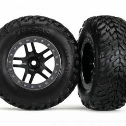 Traxxas Tires Wheels Assembled Glued (SCT Split-Spoke Black Satin Chrome Beadlock Style Wheel Dual Profile (2.2 Outer 3.0 Inner) SCT Off-road Racing Tires Foam Inserts) (2) (4WD F/r 2WD Rear) (TSM Rated)