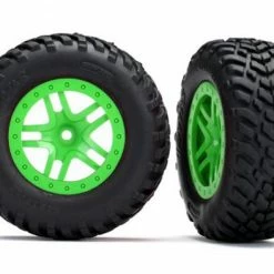 Traxxas Tires Wheels Assembled Glued (SCT Split-Spoke Green Wheels SCT Off-road Racing Tires Foam Inserts) (2) (4WD F/r 2WD Rear) (TSM Rated)