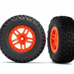 Traxxas Tires Wheels Assembled Glued (SCT Split-Spoke Orange Wheels SCT Off-road Racing Tires Foam Inserts) (2) (4WD F/r 2WD Rear) (TSM Rated)