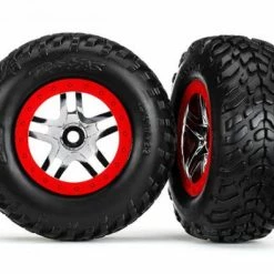 Traxxas Tires Wheels Assembled Glued (SCT Split-Spoke Chrome Red Beadlock Style Wheels Dual Profile (2.2 Outer 3.0 Inner) SCT Off-road Racing Tires Inserts) (2) (front/rear)