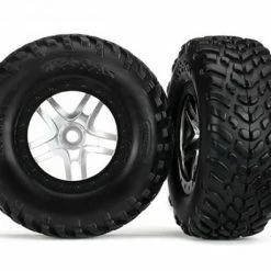 Traxxas Tires Wheels Assembled Glued (SCT Split-Spoke Satin Chrome Black Beadlock Wheels Dual Profile (2.2 Outer 3.0 Inner) SCT Off-road Racing Tires Foam Inserts) (2) (front/rear)