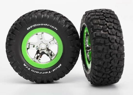 Traxxas Tires Wheels Assembled Glued (SCT Chrome Green Beadlock Wheel BFGoodrich Mud-Terrain T/A KM2 Tire Foam Inserts) (2) (4WD Front/rear 2WD Rear Only)