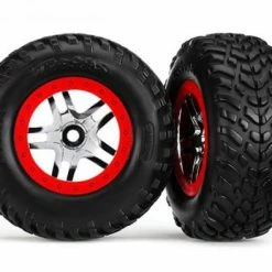 Traxxas Tires Wheels Assembled Glued (S1 Compound) (SCT Split-Spoke Chrome Red Beadlock Style Wheels Dual Profile (2.2 Outer 3.0 Inner) SCT Off-road Racing Tires Foam Inserts) (2) (4WD F/r 2WD Rear) (TSM Rated)