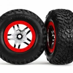 Traxxas Tires Wheels Assembled Glued (SCT Split-Spoke Chrome Red Beadlock Style Wheels Dual Profile (2.2 Outer 3.0 Inner) SCT Off-road Racing Tires Foam Inserts) (2) (4WD F/r 2WD Rear) (TSM Rated)