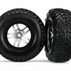 Traxxas Tires Wheels Assembled Glued (S1 Compound) (SCT Split-Spoke Satin Chrome Black Beadlock Style Wheels Dual Profile (2.2 Outer 3.0 Inner) SCT Off-road Racing Tires Foam Inserts) (2) (4WD F/r 2WD Rear) (TSM Rated)