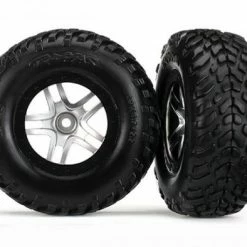 Traxxas Tires Wheels Assembled Glued (SCT Split-Spoke Satin Chrome Black Beadlock Style Wheels Dual Profile (2.2 Outer 3.0 Inner) SCT Off-road Racing Tires Foam Inserts) (2) (4WD F/r 2WD Rear) (TSM Rated)