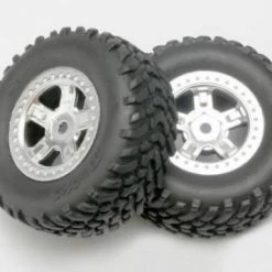 Traxxas Tires And Wheels Assembled Glued (SCT Satin Chrome Wheels SCT Off-road Racing Tires Foam Inserts) (1 Each Right Left)