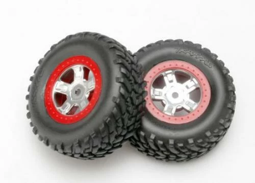 Traxxas Tires And Wheels Assembled Glued (SCT Satin Chrome Wheels Red Beadlock Style SCT Off-road Racing Tires Foam Inserts) (1 Each Right Left)