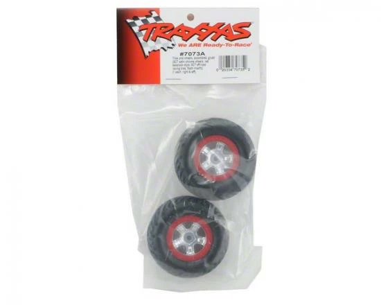 Traxxas Tires And Wheels Assembled Glued (SCT Satin Chrome Wheels Red Beadlock Style SCT Off-road Racing Tires Foam Inserts) (1 Each Right Left) - Image 2