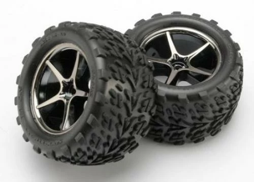 Traxxas Tires And Wheels Assembled Glued (Gemini Black Chrome Wheels Talon Tires Foam Inserts) (2)