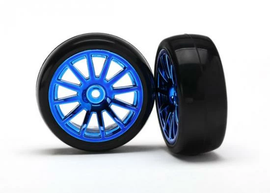 Traxxas 12-Sp Blue Wheels - Slick Tires